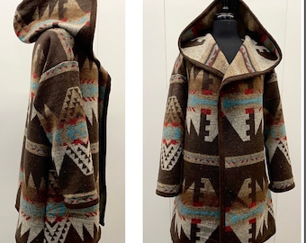 Wool Blend Cardigan Coat With Deep Hood In Southwest Print Brown Tones