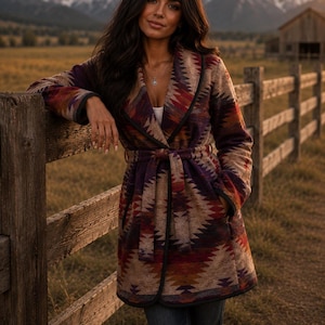 Abrigo tipo cárdigan de mezcla de lana con capucha profunda en morado, rojo, dorado y gris - Valley - Chaqueta larga / Capa de otoño / Pareo playero / Varias tallas