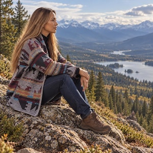 Peut inclure: Un gilet ouvert à manches longues avec un motif géométrique multicolore dans des tons de gris, noir, rouge et bleu, porté sur un haut noir avec un jean bleu foncé et des chaussures de randonnée en cuir marron à lacets et semelles en caoutchouc.