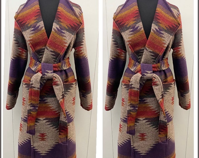 Wool Blend Trench Coat In Purple Red Gold And Grey - Valley