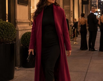 Boiled Wool Long Shawl Collar Coat | Burgundy | Handmade Maxi | Open Front Oversized Glamorous | Luxury | Minimalist
