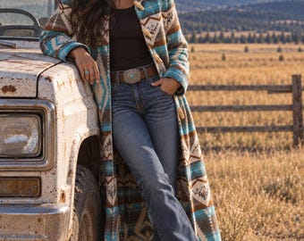 Wool Blend Diamond Print Maxi Coat – Earthy Eco Style | Sizes XS–5XL | Loose Fit | Crystal Blue & Neutral Tones