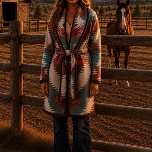 Gilet long en laine mélangée, coloris orange, rouge, marron et turquoise foncé - Plateau | Doux et respirant | Différentes tailles