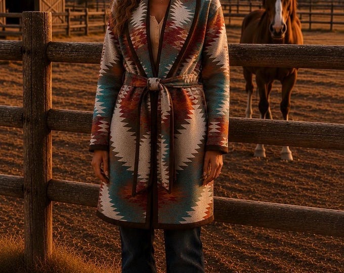 Wool Blend Cardigan Coat In Orange Red Brown And Dark Turquoise - Plateau - Long Jacket | Fall Layer | Beach Cover Up | Various Sizes