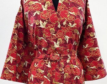 Kimono Robe In Red And Gold Crane Print