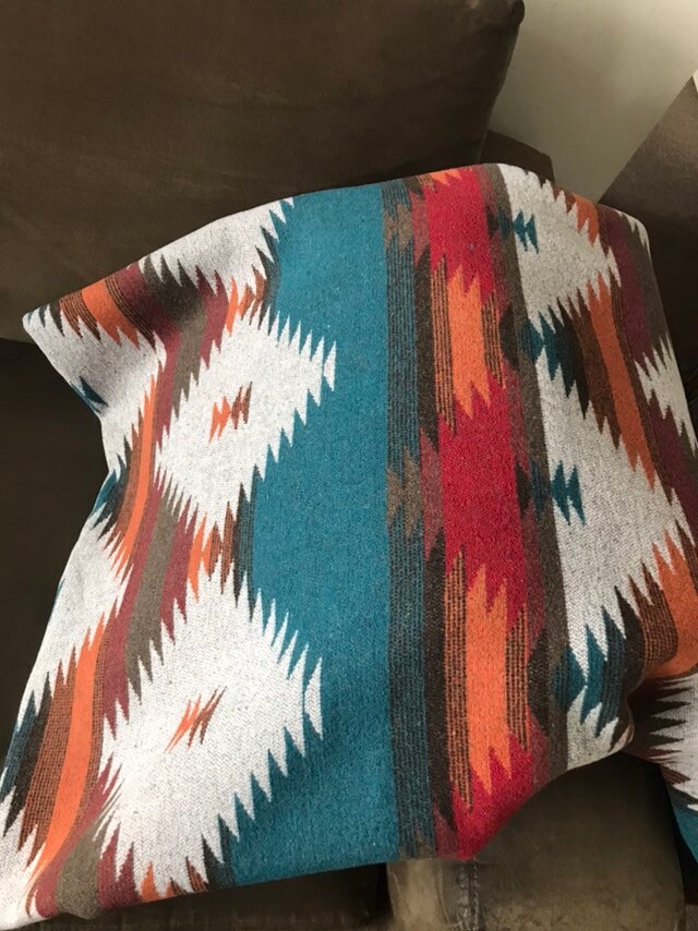 Wool Blend Blanket Throw In Navajo Print Orange Red Brown and Dark Tu…