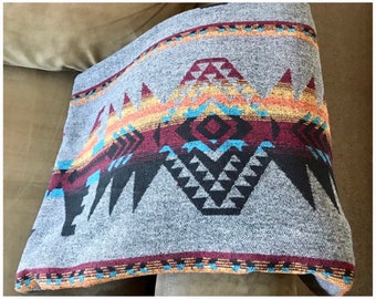 Wool Blend Blanket Throw in Yellow Orange Merlot Blue - North Shore