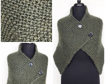 Handmade Knitted Wool Blend Shawl With 2 Button Closures In Olive Green With Flecks Of Orange And Gold