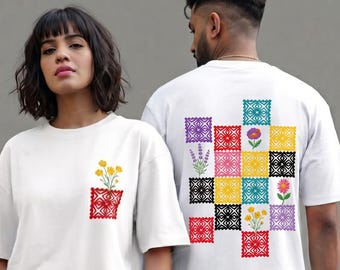 Colorful Geometric Floral T-Shirt, Unisex Graphic Tee, Folk Art Inspired Shirt