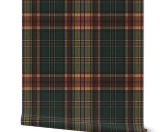 Plaid Wallpaper in Deep Forest Green and Chestnut Brown