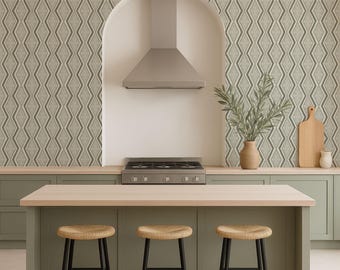 Papel pintado geométrico estilo boho con estampado de diamantes y textura grabada en tonos neutros suaves.