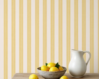 Soft Yellow and Cream Carnival Striped Wallpaper with Linen Texture Overlay