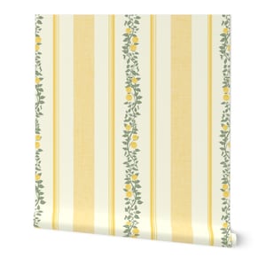 Striped Wallpaper with Vintage Roses in Butter Yellow and Cream for Sunny Spaces