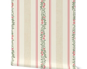 Striped Wallpaper with Vintage Roses in Soft Pink and Cream