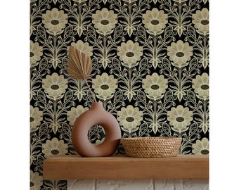 Floral Wallpaper in Black and Cream, Art Nouveau Style with Gold Accents