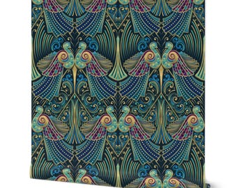 Art Deco Wallpaper with Peacocks in Jewel Tones and Gold Highlights (12” wide repeat)