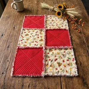 Reversible Primitive Cottage Core Pumpkin and Mushroom Table Runner, Farmhouse Fall Decor, Raggy Quilted Autumn Centerpiece Table Scapes
