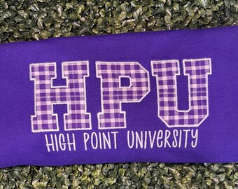 High Point Rundhalsausschnitt, HPU Applikation College Sweatshirt, Lila Universität Rundhalsausschnitt, Varsity Buchstaben Applikation Shirt