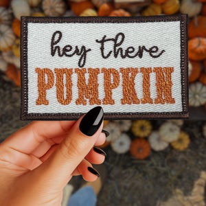 May include: A rectangular patch with the words "hey there PUMPKIN" embroidered in brown and orange thread. The patch has a white background with a brown border. The patch is held in a hand with black nail polish.