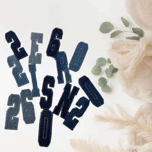 May include: Assorted denim fabric letters and numbers with white stitching. The letters and numbers are in various shades of blue denim. The background is white with a soft, beige fabric and greenery.