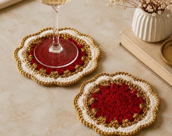 Elegant Crochet Coaster Pattern PDF, Red and Gold Table Decor, Luxury Crochet Design, Instant Download