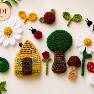 Crochet Applique Pattern Bundle PDF, Garden & Woodland Crochet Appliques, Flowers, Bees, Ladybugs, Mushroom, Cottage, Tree, Instant Download