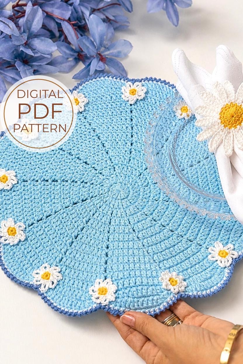 Crochet Placemat Pattern PDF, Daisy Applique Placemat, Round Table Mat ...