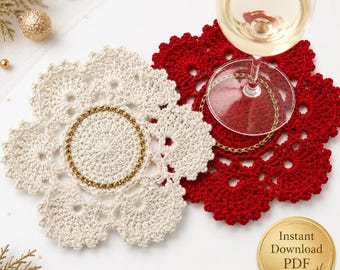 Christmas Crochet Coaster Pattern PDF, Red Lace Holiday Table Decor, Instant Download