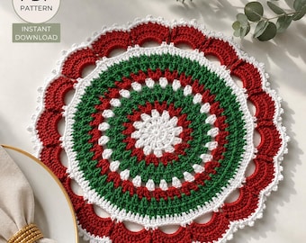 Crochet Placemat Pattern with Coaster Set, Round Red Green and White Table Mat PDF, Elegant Crochet Table Decor