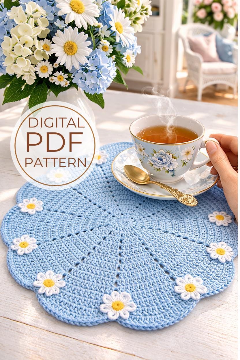 Crochet Placemat Pattern PDF, Daisy Applique Placemat, Round Table Mat ...