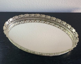 Vintage Brass Oval Vanity Mirror Tray Filigree Ornate Frame Dresser Perfume 14x8