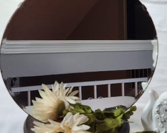 Espejo de tocador redondo biselado vintage con base de madera de 30 cm (12 pulgadas) para mesa o cómoda.