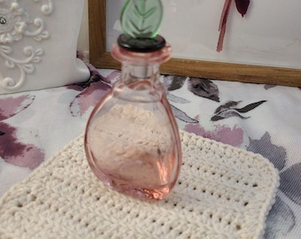 Vintage Pink Glass Perfume Bottle | Leaf Stopper Vanity Decor