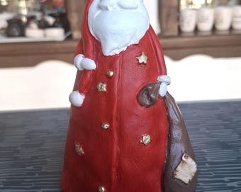 Handmade Ceramic Santa Claus Figurine | Christmas Shelf Decor | Red Coat & Gold Stars | 18.5 cm (7.28 in) Tall