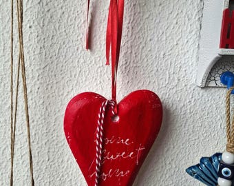 Handmade Heart Wall Hanging – Home Sweet Home Ceramic Ornament with Martenitsa String | Custom Color & Finish | Housewarming / New Home Gift