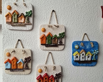 Handmade Ceramic House Wall Hanging | 3 Houses, Tree & Sun | 10 cm (3.9 in) | Colorful Mediterranean Home Decor, Ready to Hang