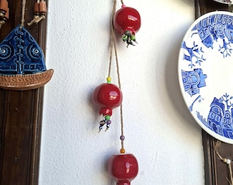 Handmade Ceramic Pomegranate Wall Hanging (Trio) | Red Glazed & Beaded | Ready to Hang | Turkish/Mediterranean Home Decor