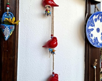 Handmade Ceramic Birds Wall Hanging (Trio) | Red Glazed & Beaded | Ready to Hang | Turkish/Mediterranean Home Decor