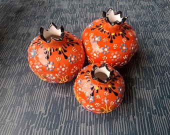 Handmade Ceramic Pomegranate Set (Trio) | Raised Relief Pattern | Colorful Tabletop Decor | Turkish Good Luck Charm