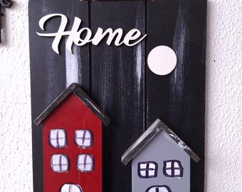 Handmade Wooden Key Holder for Wall | Rustic Entryway Organizer with 3 Hooks | "Home" Sign Wall Decor | Cute Housewarming Gift | 4 Colors