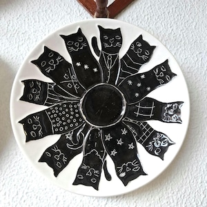 Handmade Ceramic Cat Plate with 12 Unique Cats | Custom Colors | Wall Hanging Decorative Plate with Free Stand | Ready to Hang