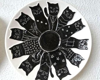Handmade Ceramic Cat Plate with 12 Unique Cats | Custom Colors | Wall Hanging Decorative Plate with Free Stand | Ready to Hang