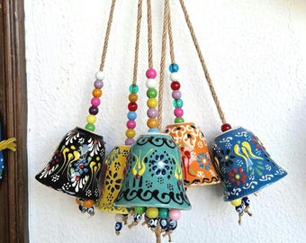 Handmade Ceramic Bell Wall Hanging (1, 2, or 3 Pieces) | Colorful Turkish Pottery Chime | Boho Balcony Decor | Good Luck Charm