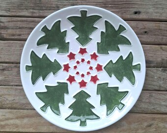 Handmade Ceramic Christmas Plate: Green Trees & Red Stars Holiday Decor