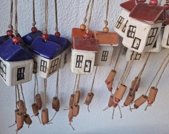 Handmade Hanging Ceramic House Ornament | 4 Roof Colors | Beaded, Ready to Hang | Wall or Tree Decor | 5.5 cm (2.17 in)