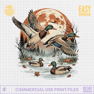 Design gráfico PNG para sublimação com patos-reais no outono - Ilustração de caça outonal e arquivo digital com lua de Halloween