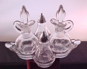 1940s Duncan Canterbury 7 Piece Condiment Set, Mid Century Crystal Oil Vinegar Cruets w Shakers and Serving Tray, Elegant Depression Glass