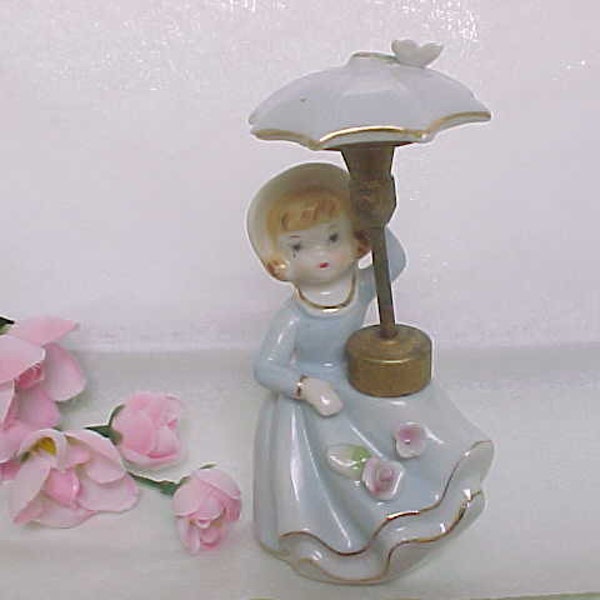 Vintage DeVilbiss Umbrella Girl Perfume Atomizer Signed DeV in Gold, 1960s Porcelain Figurine With Parasol Spray Pump For Vanity Area Decor