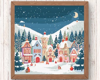 Whimsical Christmas Village Cross Stitch Pattern | PDF Download | Winter Wonderland Cross Stitch | Easy Embroidery for Beginners