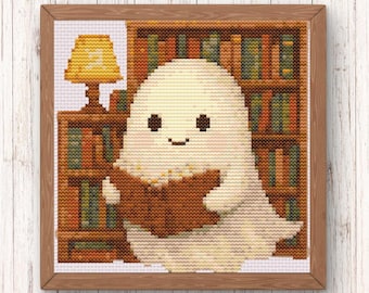 Cozy Ghost in a Library Cross Stitch Pattern PDF Download | Ghost Reading a Book Cross Stitch | Spooky Halloween Embroidery for Beginners